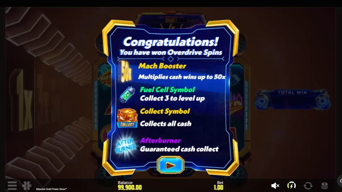 Tampilan visual futuristik dari slot Massive Gold Power Staxx dengan latar belakang galaksi neon.