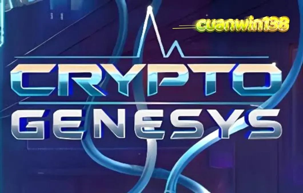 Tampilan layar mesin slot Crypto Genesys dengan tema cyberpunk dan neon.