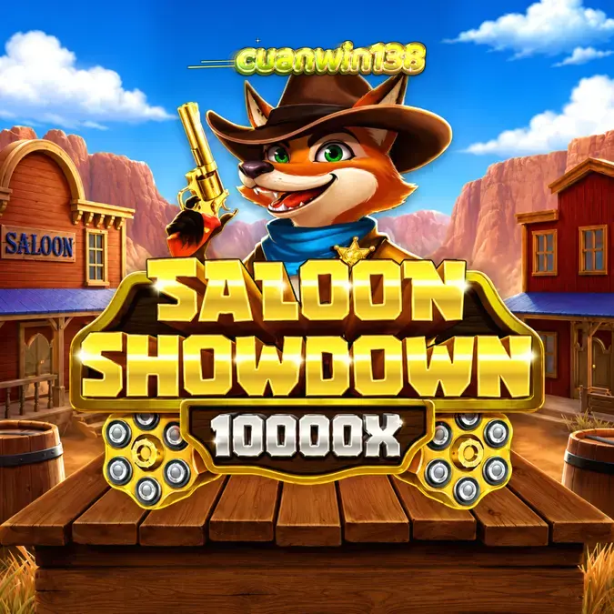 Pemandangan visual dari permainan slot Saloon Showdown 10,000x dengan nuansa Wild West yang kental.